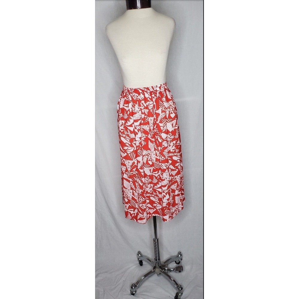 Vintage 90s Shapely Red White Abstract Graphic Midi Skirt L